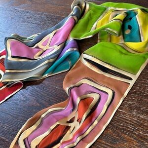 Silk Multicolor Abstract Print Scarf - Green, Pink, Turquoise,